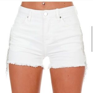 Punchy Blonde White Denim Shorts with rhinestone fringe Detail